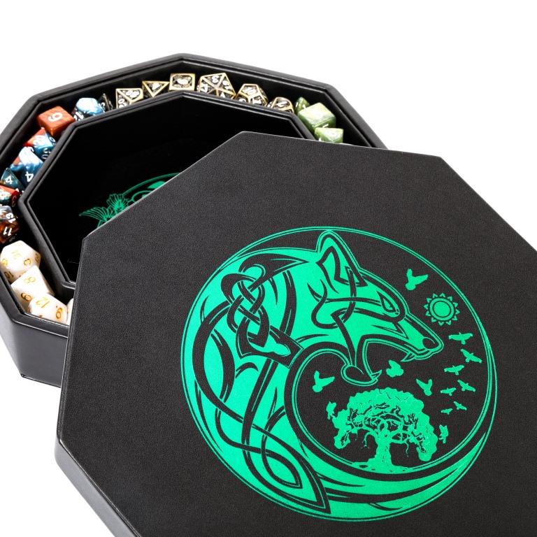 DND Dice Tray Premium — 9 Inch Green World Tree & Wolf Raven Design