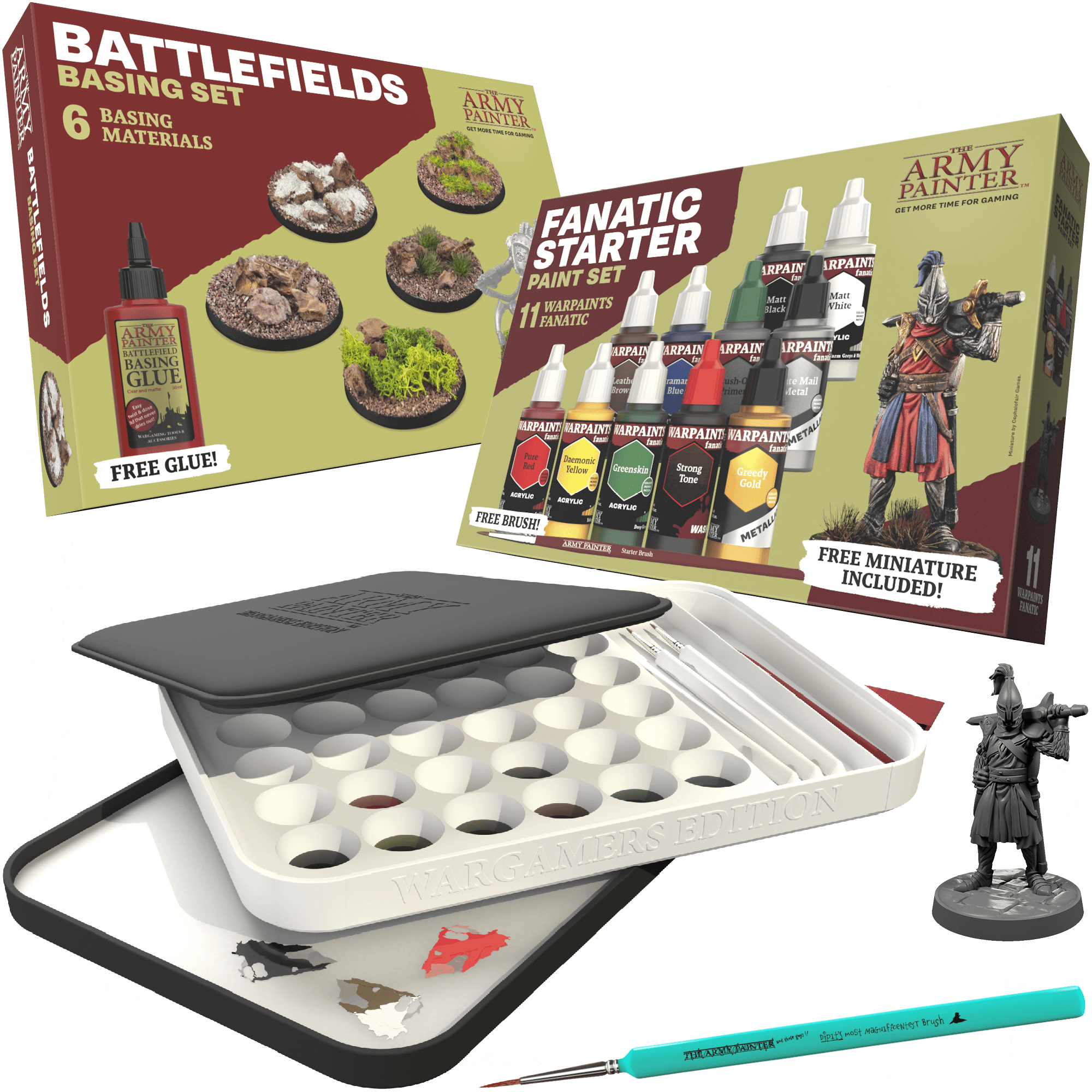 Army Painter Hobby Essentials Bundle — Warpaints Fanatic, Basing Set, Wet Palette & Brush